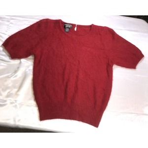 Pronto Gold Sweater Short Sleeve Fuzzy Angora Lambs wool Red Top Size L